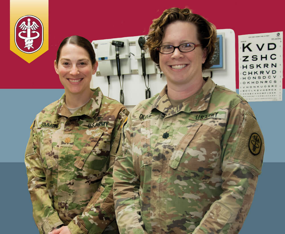 MAJ Elizabeth Simmons (left), pediatrician at the Hugo V. Mendoza Soldier Family Care Center, and LTC Elizabeth Duque, director, Department of Primary Care.