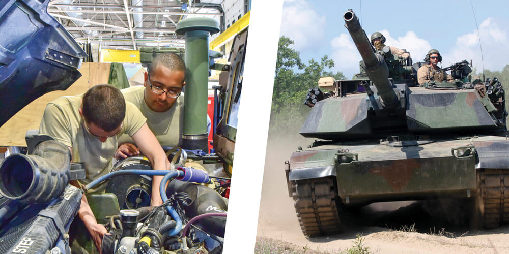 Left: Soldiers of Michigan National Guard perform vehicle maintenance at Camp Grayling's Maneuver Area Training Equipment Site during ONS 2017. Right: CPT James Hatch with Soldiers of Echo Company, 4th Tank Regiment.