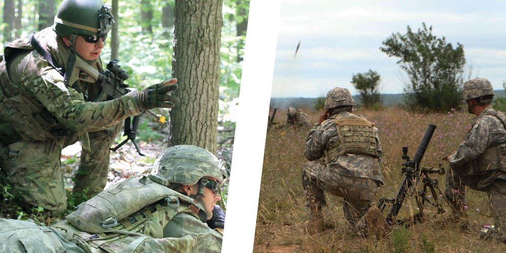 Left: Soldiers of 1st Battalion, 158th Infantry Regiment, Arizona Army National Guard. Right: Arizona National Guard SPC Tyler Mckinney and SPC Oscar Valle watch as members of their fire team fire a 60 mm mortar.