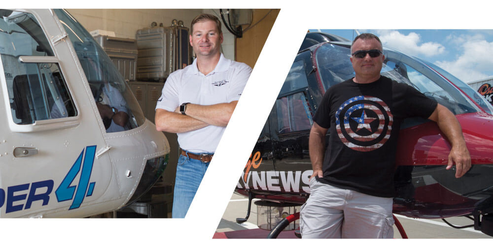 Left: CW3 Welsh with his KFOR News Channel 4 chopper. Right: CW4 Kavanagh with his KOTV New Channel 6 chopper.