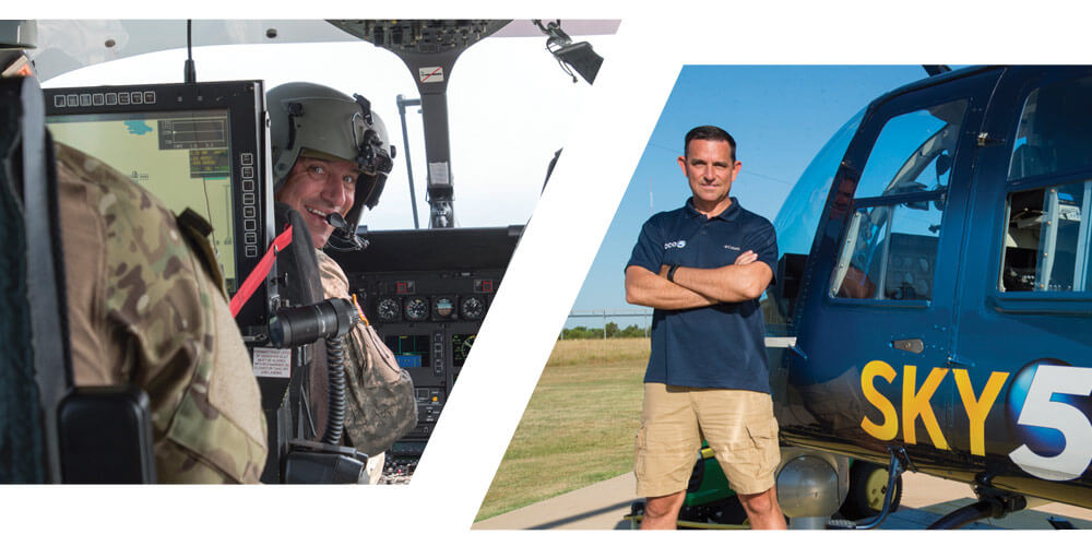CW4 Rutledge flying for Oklahoma National Guard on left and standing with his KOCO News Channel 5 chopper.