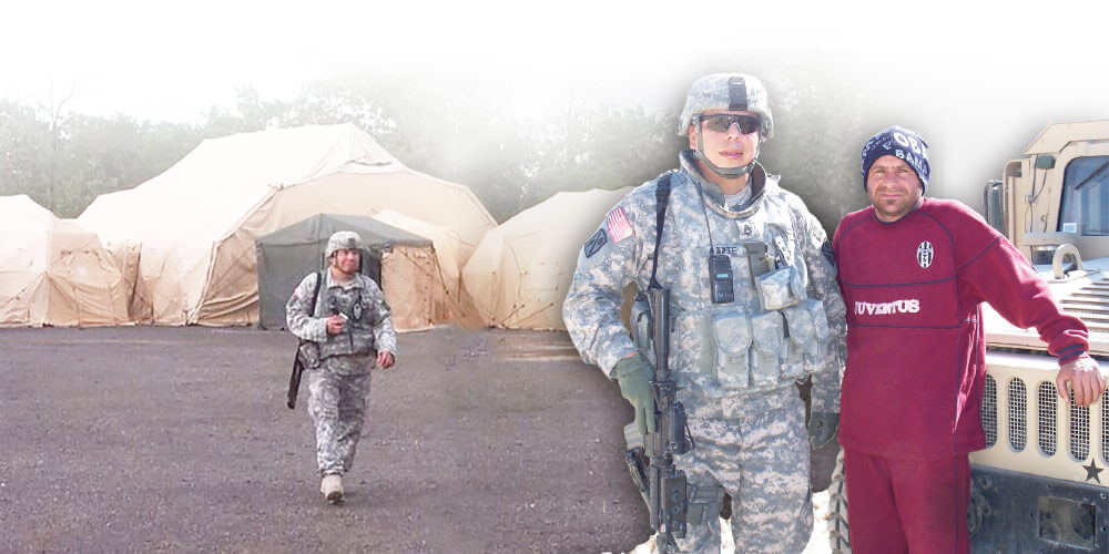 Left: 1SG Tate at the 45th Field Artillery Brigade's Tactical Operations Center in Fort Chaffee, Ark. Right: 1SG Tate assists a Sunni civilian while deployed in Iraq.