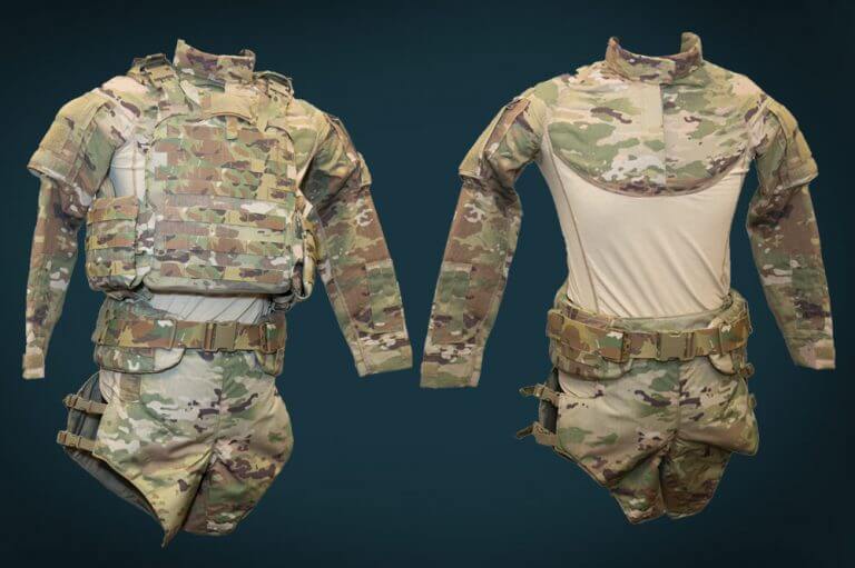 On Left: New TEP Vest with Reconfigured Pelvic Protection System. On Right: New Ballistic Combat Shirt with New Battle Belt