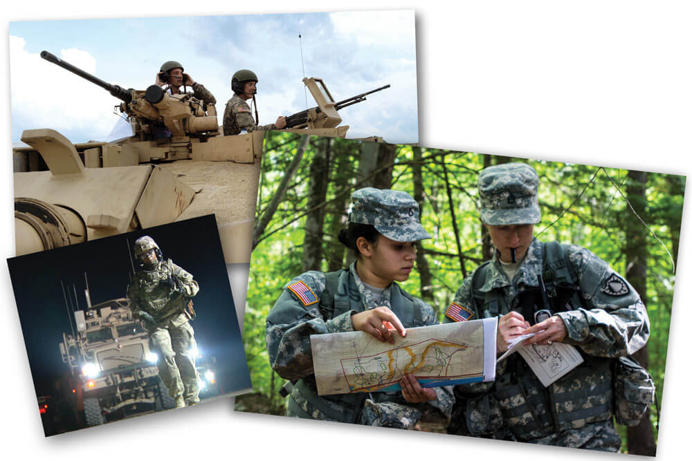 Top: 1LT John Dupre (left) and SGT Curtis Bowen, both with the North Carolina Army National Guard’s C Company, 1st Battalion, 252nd Armored Regiment, receive instructions during the Tactical Combat Casualty Care event in the GEN Gordon Sullivan Cup. Left: 1LT Monicia Porter with the 1230th Transportation Company ground guides a platoon vehicle out of the motor pool. Right: SSG Myra Estes (right) of the Maine Army National Guard Medical Detachment mentors PFC Allison Alcantara during a land navigation course at the Bog Brook Training Site in Gilead.