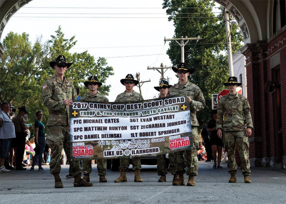 1LT Bobby Springer, SSG Zechariah Johnson, SGT Mathew Runyon, SGT Daniel Delinski, PFC Michael Cates and SGT Evan Westart participated in the annual Twilight parade held in Springfield, Ill., where they were greeted by congratulatory citizens after placing third overall and first among all National Guard teams in the 2017 Gainey Cup.