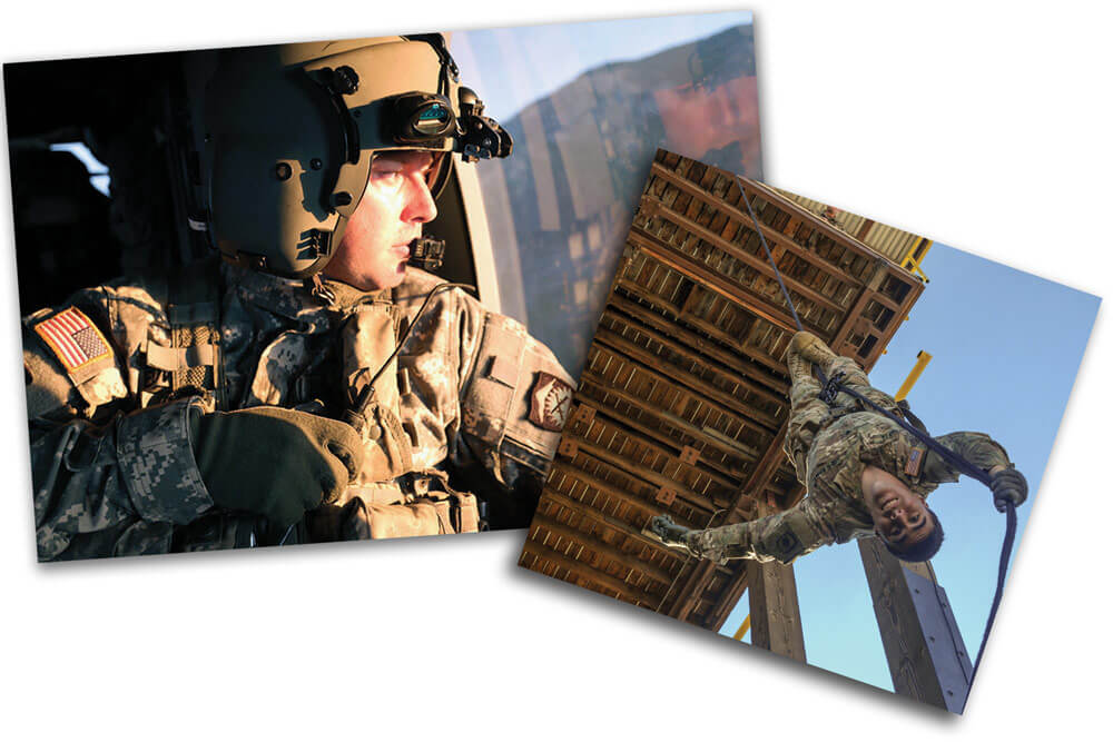 Left: Oregon National Guard, HH-60M Black Hawk Helicopter Crew Chief, SSG Jonathon Edwards with Charlie Company, 7-158th Aviation, observes the terrain and fires during an area orientation flight near Baker City, Ore. Right: 1-153rd Infantry Regiment Reconnaissance Soldier, Arkansas ARNG conducts rappel operations at Fort Bliss, Texas.