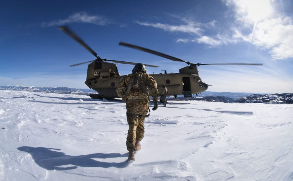 Army National Guard Soldiers assigned to Detachment 1, Company B, 2-238th General Support Aviation Battalion, South Carolina ARNG perform high-altitude flight operations in the Rocky Mountains, aboard a CH-47F Chinook. The crew was attending a week-long training course at the Army National Guard’s High-Altitude Aviation Training Site (HAATS) located near Eagle, Colo.