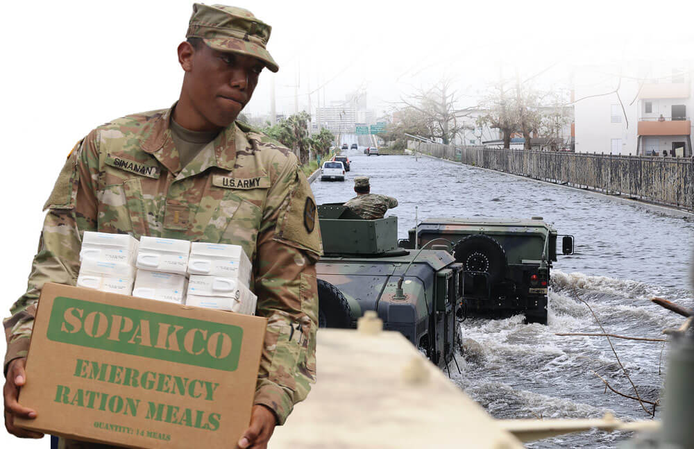 Left: 2LT Mark Sinanan, Signal Officer, Joint Force Headquarters, Virgin Islands Army National Guard carries a box of Meals-Ready-to-Eat and water for civilians at the St. Croix Educational Complex High School, one of four points of distribution. Right: Soldiers assigned to the Puerto Rico National Guard patrol one of the main highways of the San Juan metropolitan area that was hit by floods after Hurricane Maria.