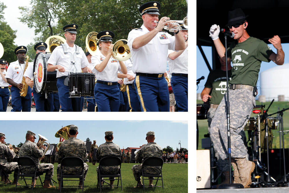 Top: The 34th Army Band Concert and Marching Band. Bottom: The 34th Army Band’s brass ensemble. Right: The Sidewinders perform cover songs of Michael Jackson’s greatest hits.