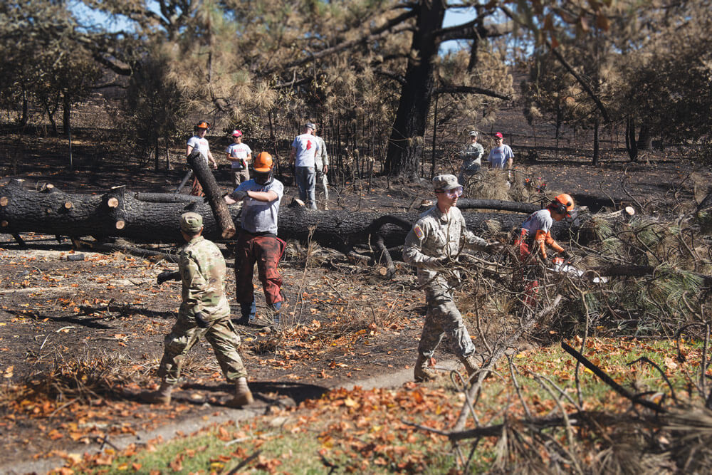 Soldiers of the California National Guard and members of CAL FIRE clear charred trees and branches in Santa Rosa following the Northern California wildfires.