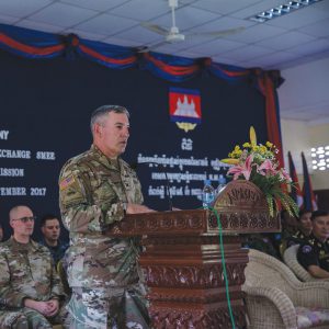 COL Michael Garshak, Idaho Army National Guard Chief of Staff, addresses the Royal Cambodian Armed Forces at the closing ceremony of the Subject Matter Expert Exchange at Kampong Speu, Cambodia.