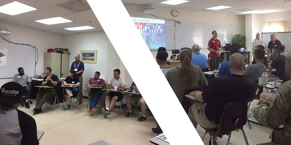 Left: Army National Guard Soldiers discuss suicide intervention during an ASIST workshop. Right: Chaplains from the 35th Infantry Division conduct Applied Suicide Intervention Skills Training at Camp Arifjan, Kuwait.