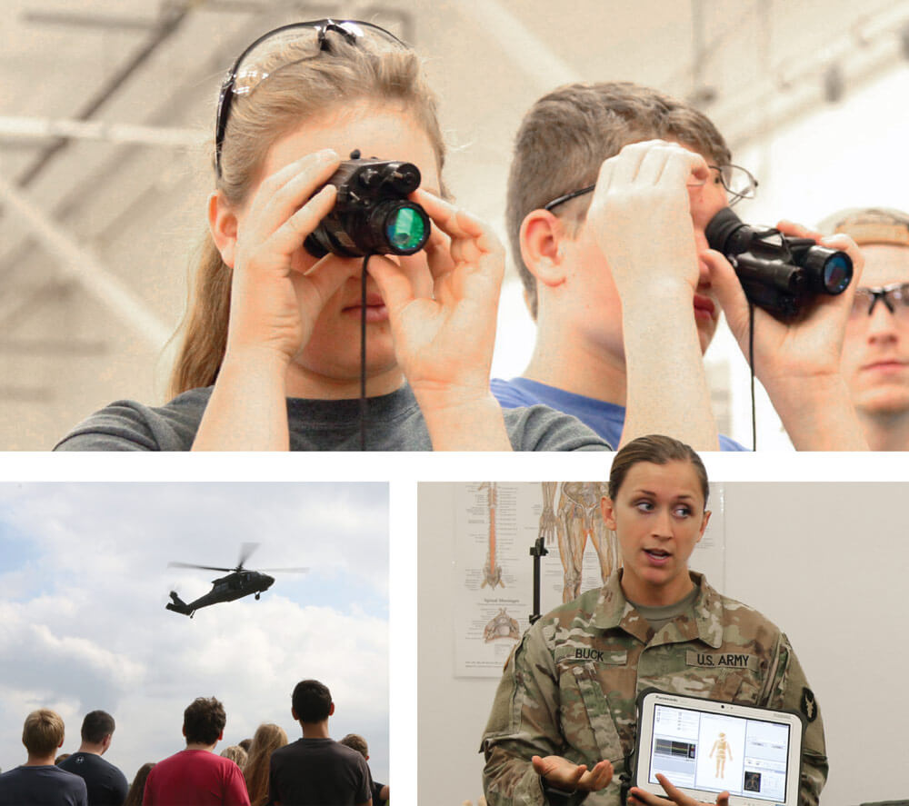 Top:Maggie Koke, Harlan Community High School senior, learns the difference between night vision and thermal optics at the Sustainment Training Center (STC). Left: Students from Harlan Community High School and Davis County Community High School watch UH-60 Black Hawk helicopters practice sling load maneuvers. Right: SSG Rachael Buck, course coordinator at the Medical Simulation Training Center, shows high school students how the Iowa National Guard uses lifelike mannequins to train combat medics in lifesaving skills.