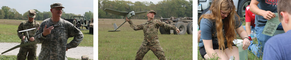 Left: SFC Chris Jorgensen talks to students about the technology and applications of the RQ-11B Raven Unmanned Aerial Vehicle. Center: Students had the opportunity to watch a live demonstration of the RQ-11B Raven. Right: Maggie Koke, Harlan Community High School senior, uses a flameless heater to warm her MRE.