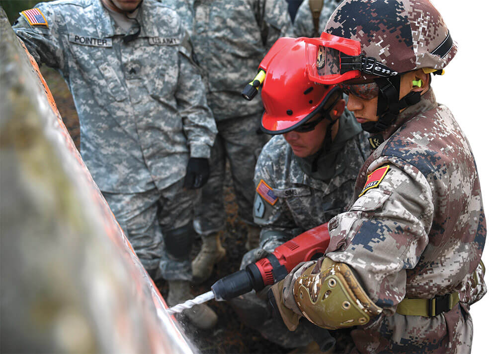 An Oregon Army National Guard Soldier drills into concrete with the help of a People’s Liberation Army soldier during the 2017 U.S.-China Disaster Management Exchange. Department of Defense photo by A1C Nathan Barbour.