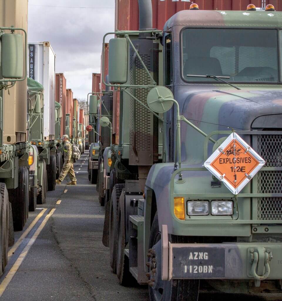 Vehicles from the Arizona Army National Guard’s 1120th Transportation Battalion are staged for a convoy during Operation Patriot Bandoleer in Concord, Calif. Army National Guard photo by SSG Adrian Borunda