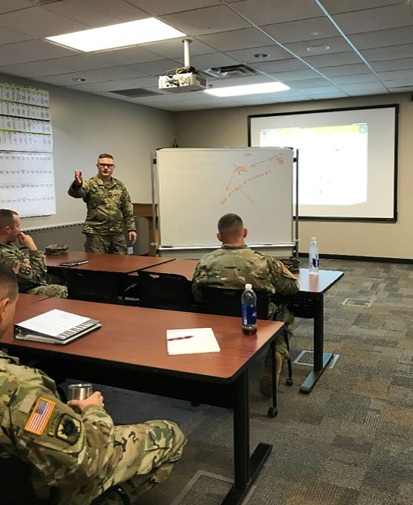 Students of the Patriot Missile Training Program participate in a scenario-based brainstorming session during the Introduction to Patriot Defense Planning Group Exercise. Photo courtesy South Carolina Army National Guard