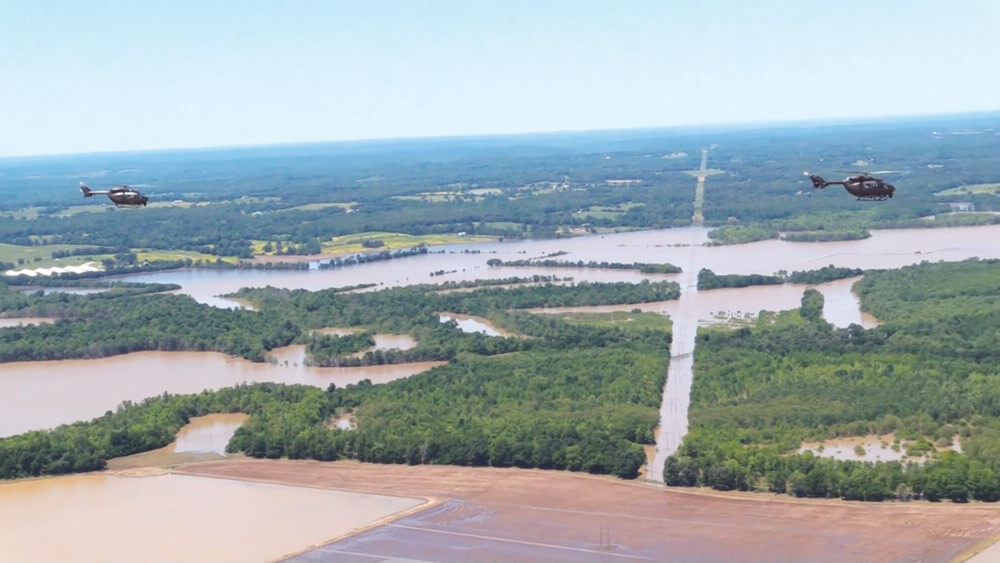 Arkansas Governor Asa Hutchinson, Arkansas National Guard Adjutant General Maj Gen Mark H. Berry and other State and national officials are escorted by the Arkansas Army National Guard in Lakota and Black Hawk helicopters to observe and assess damage caused by devastating flooding in portions of Northeast Arkansas. Photos courtesy Arkansas Army National Guard