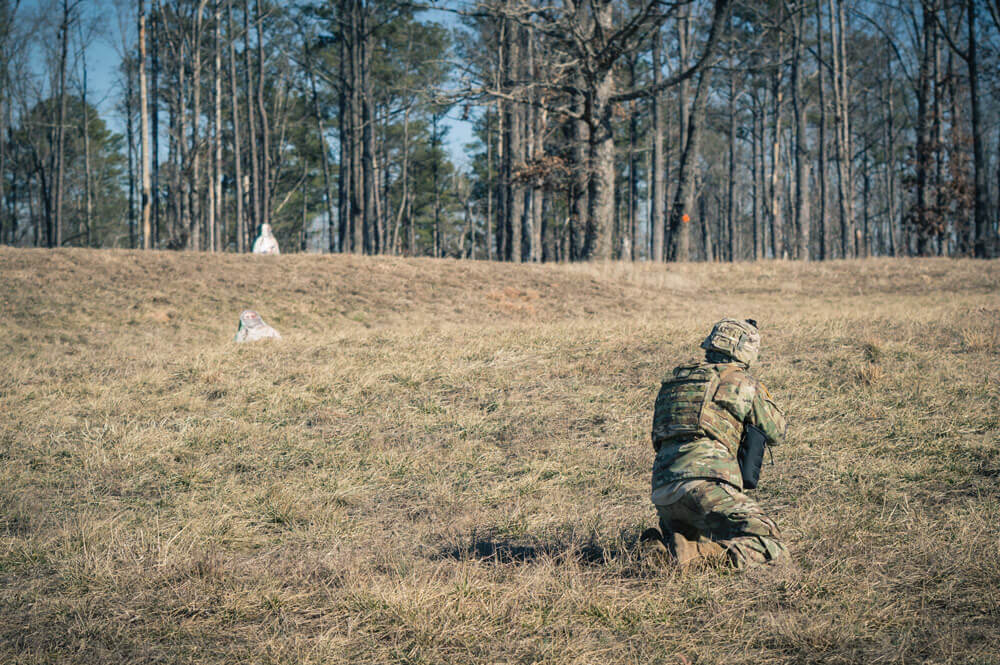 SGT Trevor Cohenour of the 3rd Squadron, 278th Armored Cavalry Regiment, fires at targets as part of his live fire testing during the 278th's qualification at Fort Pickett.