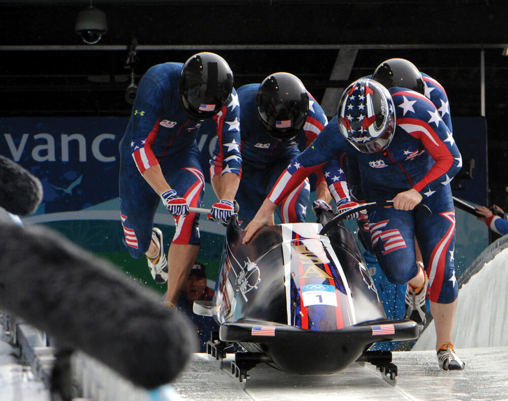 SGT Justin Olsen and members of team USA-1, aka “The Night Train,” compete in the four-man bobsleigh event in Whistler, British Columbia, at the 2010 Winter Olympics. U.S. Army photo by Tim Hipps