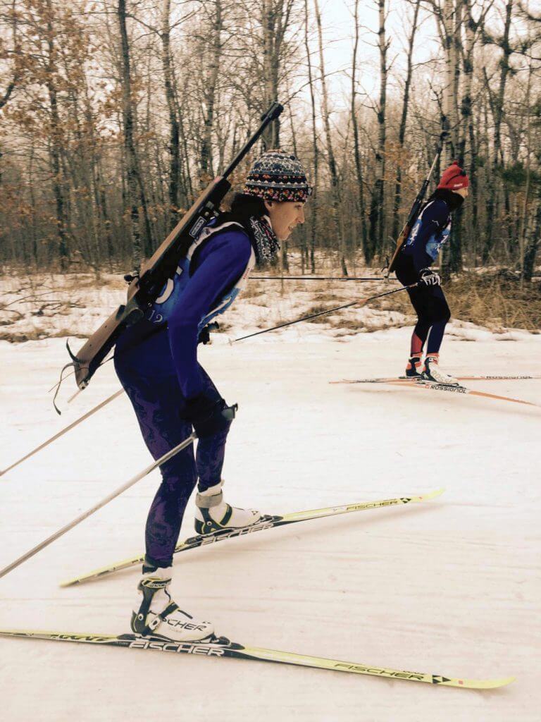 New York Army National Guard Soldier CPT Katy Moryl competing during the ski portion of a biathlon event. New York Army National Guard photo by Jean Marie Kratzer