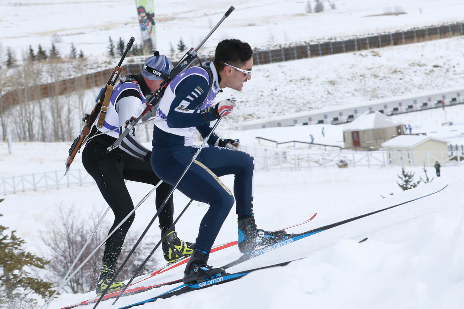 Army National Guard Soldiers compete in the pursuit event of the 2018 Chief National Guard Bureau Biathlon Championships. The competition, which takes place at the Olympic course at Soldier Hollow, Utah, includes 12.5 km of cross-country skiing for men and 10 km for women. Competitors must also engage targets at the precision rifle marksmanship range in the prone and offhand firing positions. U.S. Army photo by SGT Nathaniel Free