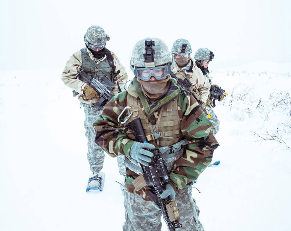 Alaska Army National Guard Soldiers play the role of OPFOR as part of a fictional scenario training Soldiers on site security operations at the Murphy Dome near Fairbanks, Alaska, during Arctic Eagle 2018.
