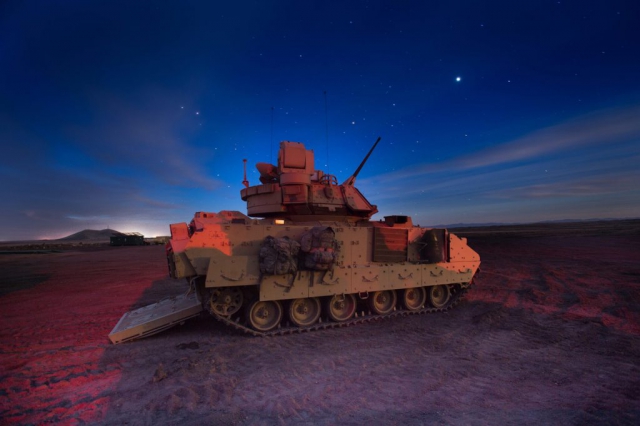 Engineers with the Idaho National Guard’s 116th Brigade Engineer Battalion conduct M2A3 Bradley fighting vehicle gunnery qualification on March 27, 2018, at Orchard Combat Training Center, south of Boise, Idaho. Combat engineers with the 116th BEB trained through gunnery table XII, evaluating their ability to execute collective platoon-level tasks in a tactical live-fire environment. Idaho Army National Guard photo by 1LT Robert Barney