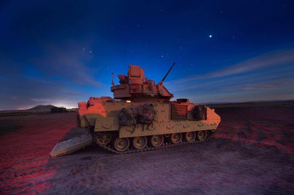 Engineers with the Idaho National Guard’s 116th Brigade Engineer Battalion conduct M2A3 Bradley fighting vehicle gunnery qualification on March 27, 2018, at Orchard Combat Training Center, south of Boise, Idaho. Combat engineers with the 116th BEB trained through gunnery table XII, evaluating their ability to execute collective platoon-level tasks in a tactical live-fire environment. Idaho Army National Guard photo by 1LT Robert Barney