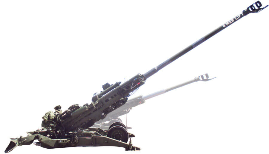The modified 155 mm M777A2 Howitzer, front, will have a range more than double that of the current version, which can be seen in the background of the Extended Range M777A2. Illustration courtesy U.S. Army