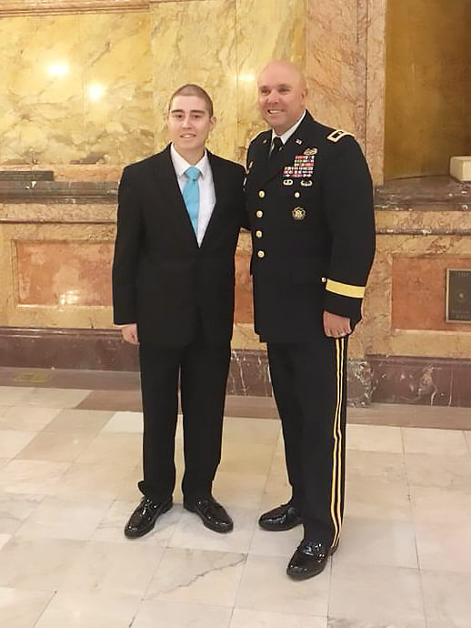 Topeka West High School JROTC student Seth Cummings is pictured with MG Lee Tafanelli, the adjutant general of Kansas, while on a tour of the Kansas Statehouse, April 2, 2018. Photo courtesy Kansas Army National Guard