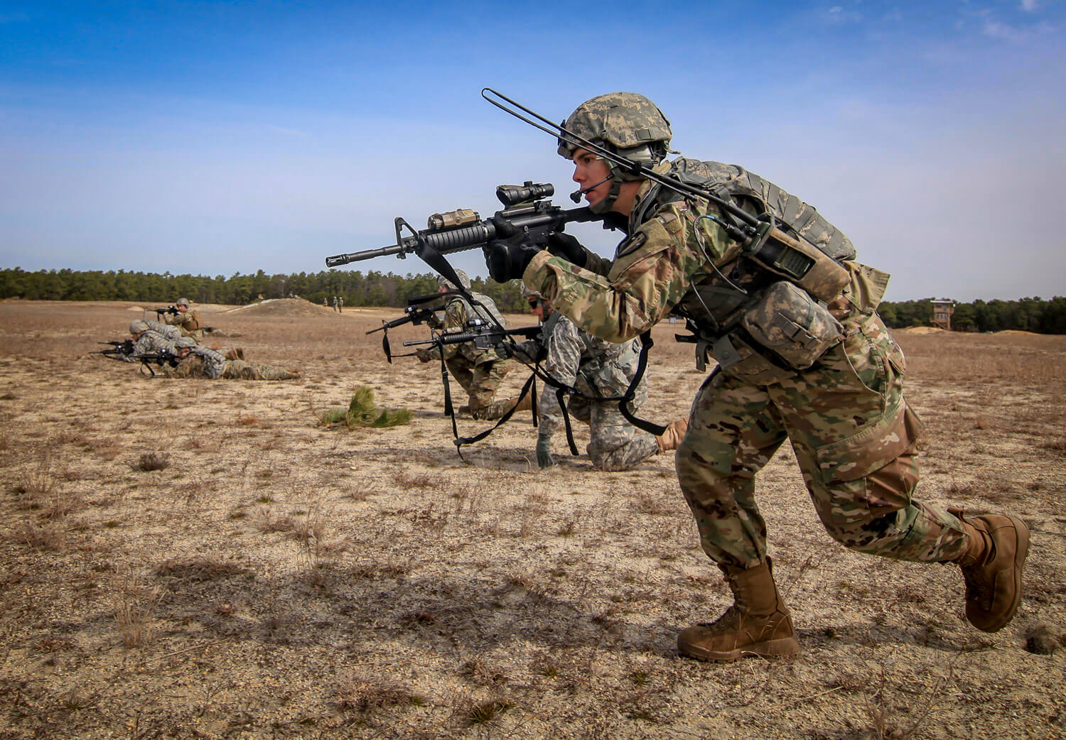 New Jersey Army National Guard Soldiers from Charlie Company, 1st Battalion, 114th Infantry (Air Assault), bound towards a target during live-fire battle drills on Joint Base McGuire-Dix-Lakehurst, N.J., April 9, 2018. New Jersey Air National Guard photo by MSgt Matt Hecht