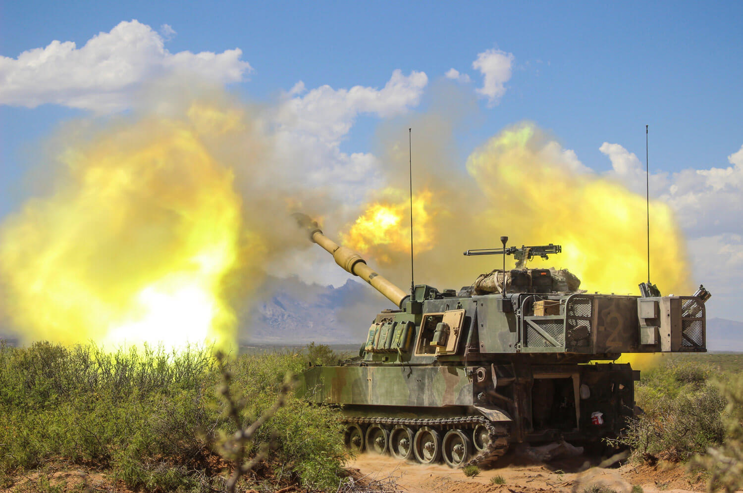 Soldiers of Battery B, 2d Battalion 114th Field Artillery Regiment, Mississippi Army National Guard, hone their gunnery skills as they conduct a table XVIII qualification near Dona Ana Range Camp in New Mexico, April 28, 2018. Table XVIII qualifications consist of an entire battalion conducting fire missions together for validation. Mississippi Army National Guard photo by SGT Brittany Johnson