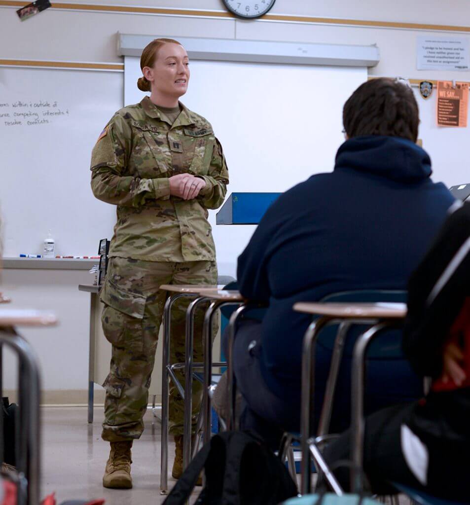 SFC Justin Mullenix, Alaska Army National Guard reserve component transition coordinator, speaks with potential recruits at Mt. Edgecumbe High School, Sitka, Alaska. Alaska Army National Guard photo by SGT David Bedard