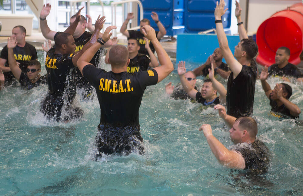 Soldiers enrolled in the New Jersey National Guard SWEAT program take part in a pool workout at Joint Base McGuire-Dix-Lakehurst. New Jersey Army National Guard photo by SFC Wayne Woolley