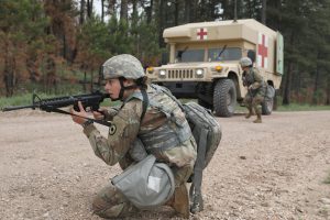 Kansas Army National Guard Soldiers of the 1077th Medical Company (Ground Ambulance), provide security during a mock mass casualty event as part of the 2018 Golden Coyote training. U.S. Army photo by SGT Gary Silverman