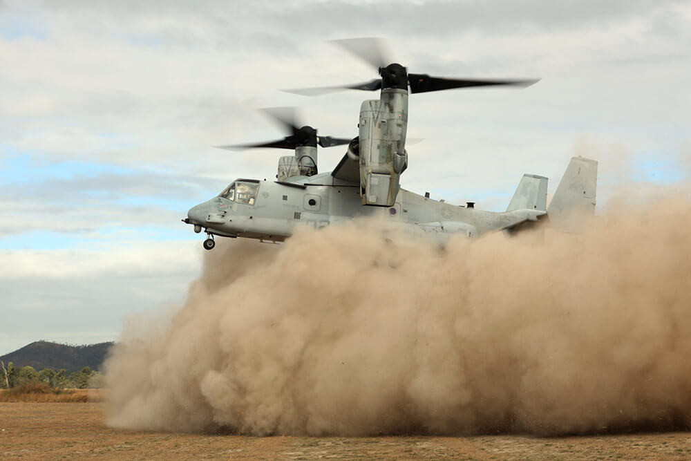 U.S. Marine Corps pilots demonstrate an MV-22 Osprey landing for Australian Defence Force soldiers and military leaders during the 2018 iteration of Exercise Hamel. U.S. Army photo by SSG Keith Anderson