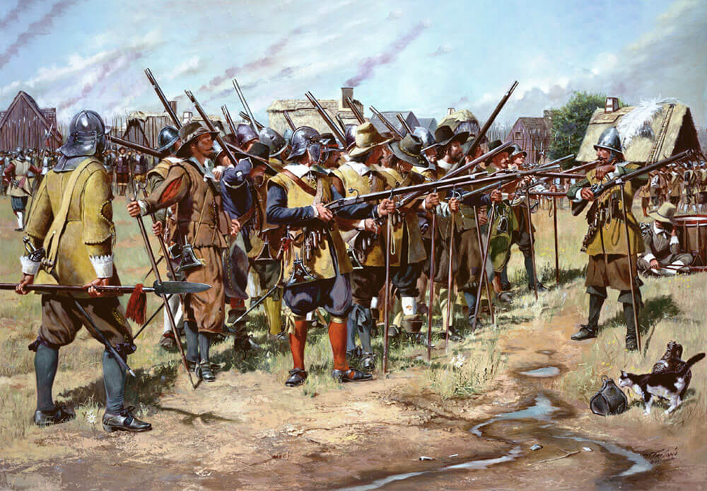 “The First Muster,” a painting by Don Troiani, depicts the first official drill of the East Regiment of Massachusetts in Salem, Mass., 1637. Image courtesy National Guard Bureau