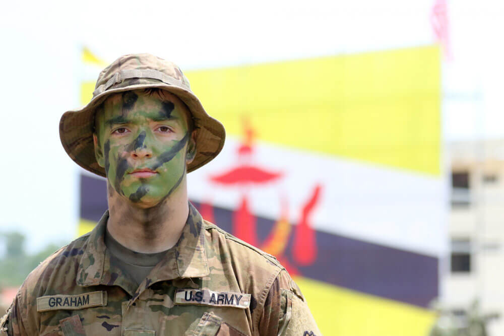 PV2 Matthew Graham, assigned to the 1st Battalion, 151st Infantry Regiment, Indiana Army National Guard, poses for a portrait following the closing ceremony for Exercise Pahlawan Warrior at the Penanjong Garrison, Brunei, August 2018. U.S. Army photo by SFC Corey Ray