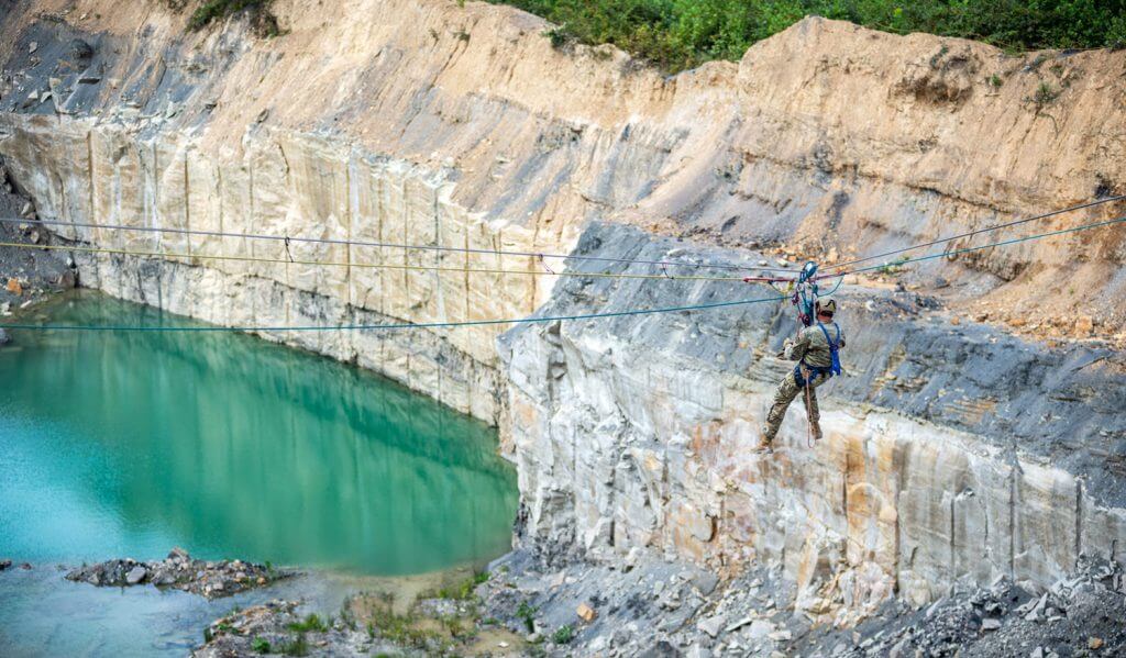 Members of the West Virginia National Guard Army Interagency Training Education Center (AITEC) participate in a rope rescue course at the Hobet mine site in Madison, W. Va. The week-long course trains Soldiers on proper rope rescue techniques including repelling, ascending, and high rope rescue and leads to nationally recognized rescue technician certifications. West Virginia National Guard photo by Edwin L. Wriston