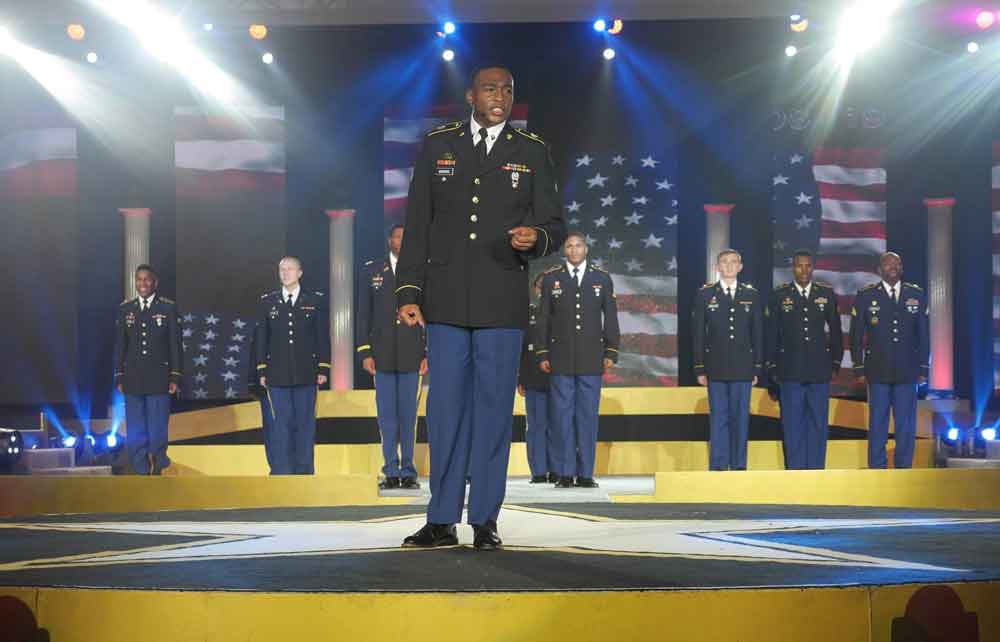 Soldier volunteers performing during the Army Entertainment Soldier Show in June 2015.