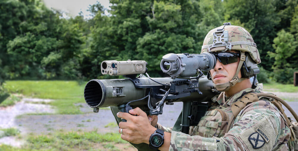 A Soldier of the 2nd Battalion, 22nd Infantry Regiment, tests a new integrated thermal weapons sight as an enhanced targeting system for the Carl Gustaf Recoilless Rifle, at Fort Drum, N.Y. Photo courtesy PEO Soldier