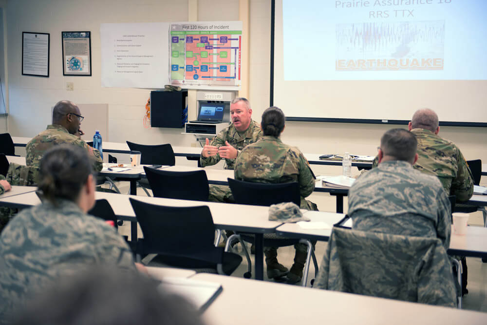 Illinois National Guard Director of the Joint Staff BG Michael Glisson addresses Illinois National Guard staff directors during the table-top exercise portion of Prairie Assurance. Illinois Army National Guard photo by SFC Bryan Spreitzer