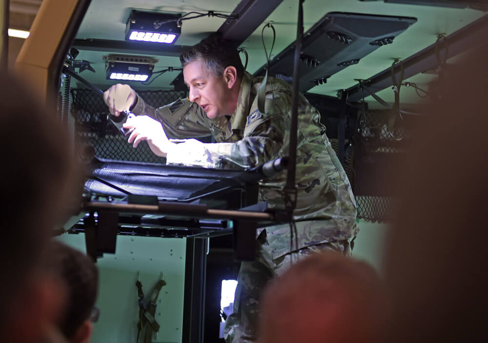 SGT Matthew Iffert, course noncommissioned officer in charge, assigned to the Wyoming Army National Guard’s 2nd Battalion, 300th Field Artillery Regiment, demonstrates the features of a High Mobility Multipurpose Wheeled Vehicle (HUMVEE)-based Field Litter Ambulance during a 40-hour Combat Lifesaver course at the 213th Regional Training Institute at Camp Guernsey Joint Training Center, January 2019. Wyoming Army National Guard photos by SFC Jimmy McGuire