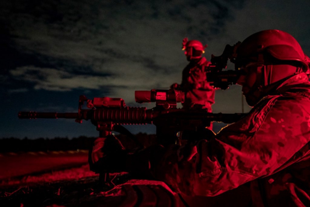 Army National Guard Soldiers with New Jersey’s C Troop, 1st Squadron, 102nd Cavalry Regiment, prepare for night shooting during weapons qualifications on Joint Base McGuire-Dix-Lakehurst, N.J., January 2019. The qualifications were held in advance of the troop’s deployment to North Africa in support of Combined Joint Task Force - Horn of Africa. New Jersey National Guard photo by MSgt Matt Hecht