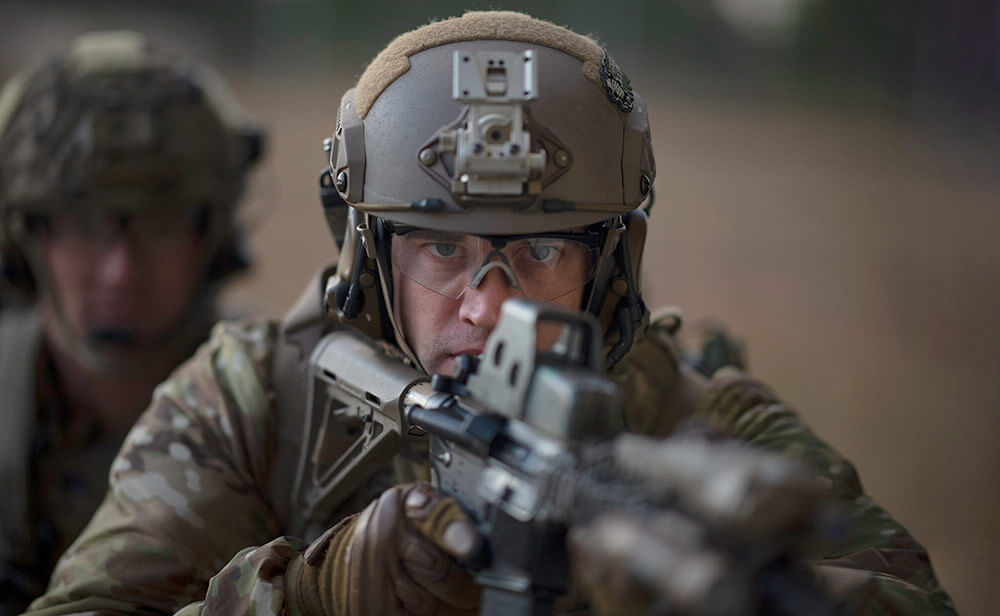 A Soldier of 2nd Battalion, 20th Special Forces Group (Airborne) participates in live-fire training at the Camp Shelby Shoot House as part of Southern Strike 2019, a large-scale, joint-force, multicomponent, multilateral combat exercise emphasizing tactical level air-to-air, air-to-ground and special operations forces training. New York National Guard photo by SSgt Christopher S. Muncy