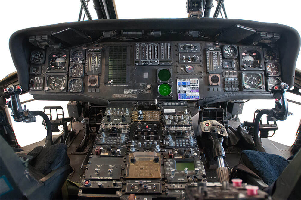 View of the cockpit of an L-model Black Hawk, showing the analog control system. U.S. Army photo by SSG Matthew G. Ryan