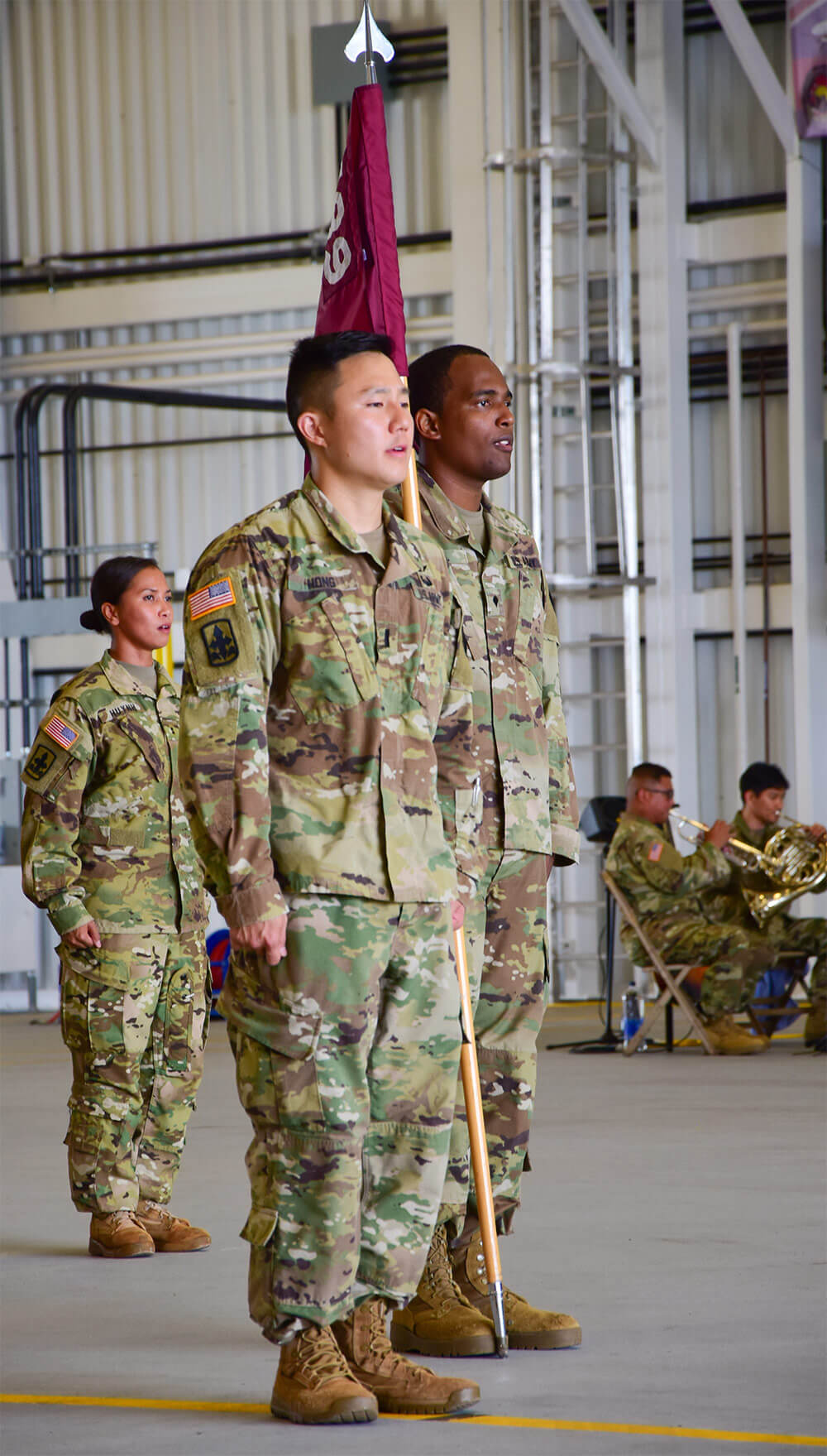 Soldiers of Detachment 1, Company Golf, 1st Battalion, 189th Aviation Regiment, Hawaii Army National Guard, participate in a deployment ceremony at the Kalaeloa Army Aviation Support Facility, June 16, 2018. Hawaii Army National Guard photo by SFC Theresa Gualdarama