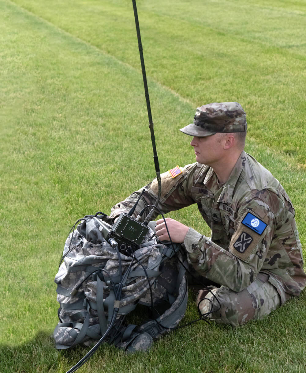 SGT Christopher Harris with B Company, 223rd Military Intelligence Battalion, 300th Military Intelligence Brigade, California Army National Guard, operates a radio as part of a training mission during the 2019 iteration of Panther Strike 2019. Utah Army National Guard photo by SGT Nathan Baker