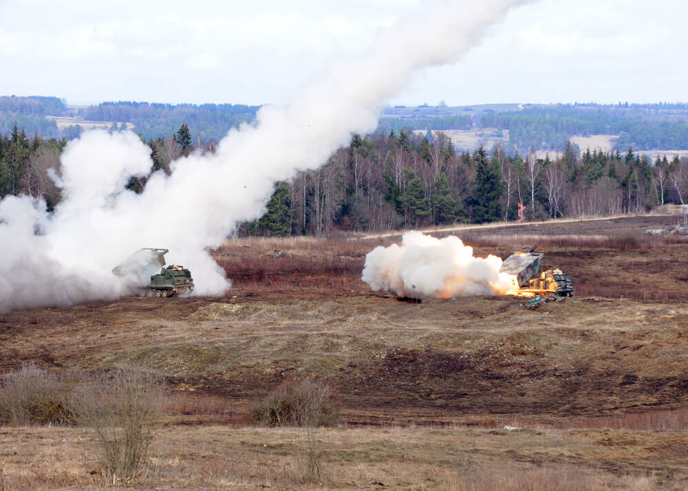 Soldiers assigned to Bravo Battery, 1st Battalion, 147th Field Artillery Regiment, South Dakota Army National Guard, fire rockets from M270A1 Multiple Launch Rocket Systems during exercise Dynamic Front 19 at Grafenwoehr Training Area, Germany, March 2019. North Carolina Army National Guard photo by SFC Craig Norton